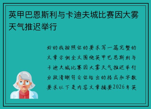 英甲巴恩斯利与卡迪夫城比赛因大雾天气推迟举行