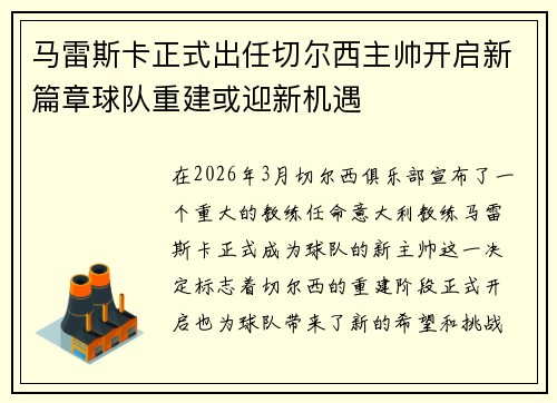 马雷斯卡正式出任切尔西主帅开启新篇章球队重建或迎新机遇